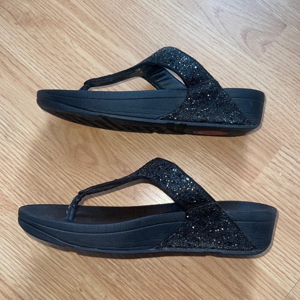 Fitflop Lulu Toe Post Thong Black Sparkly / Glittery Wedge / Ergo Arch Sandals - Picture 7 of 9